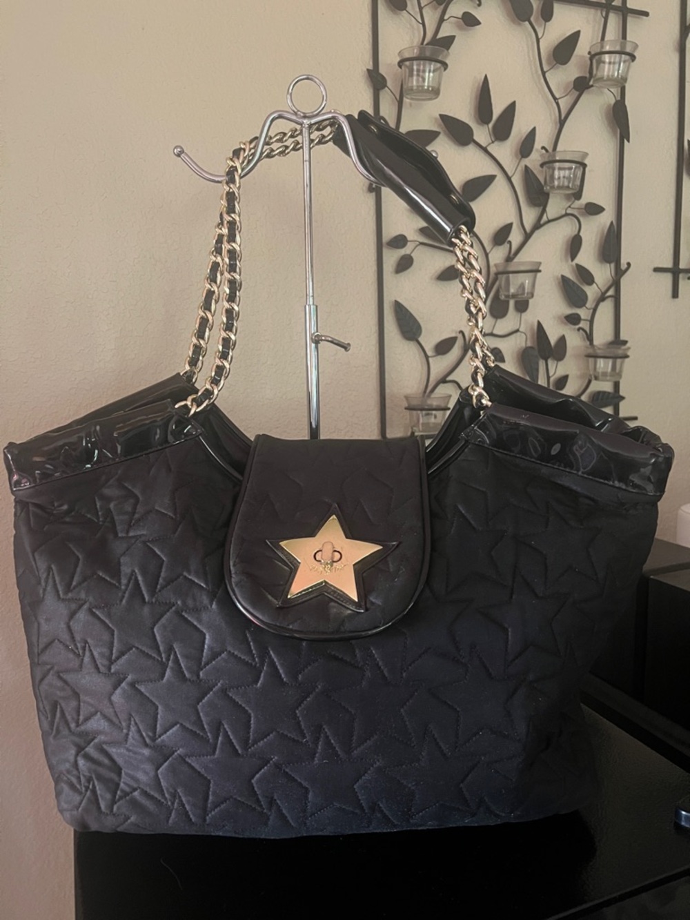 Betsey Johnson Black Quilted Star Tote with Gold Chain Handles and Star Emblem